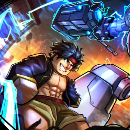 A Blox Fruits fighter facing a giant robot, from the game's own artwork